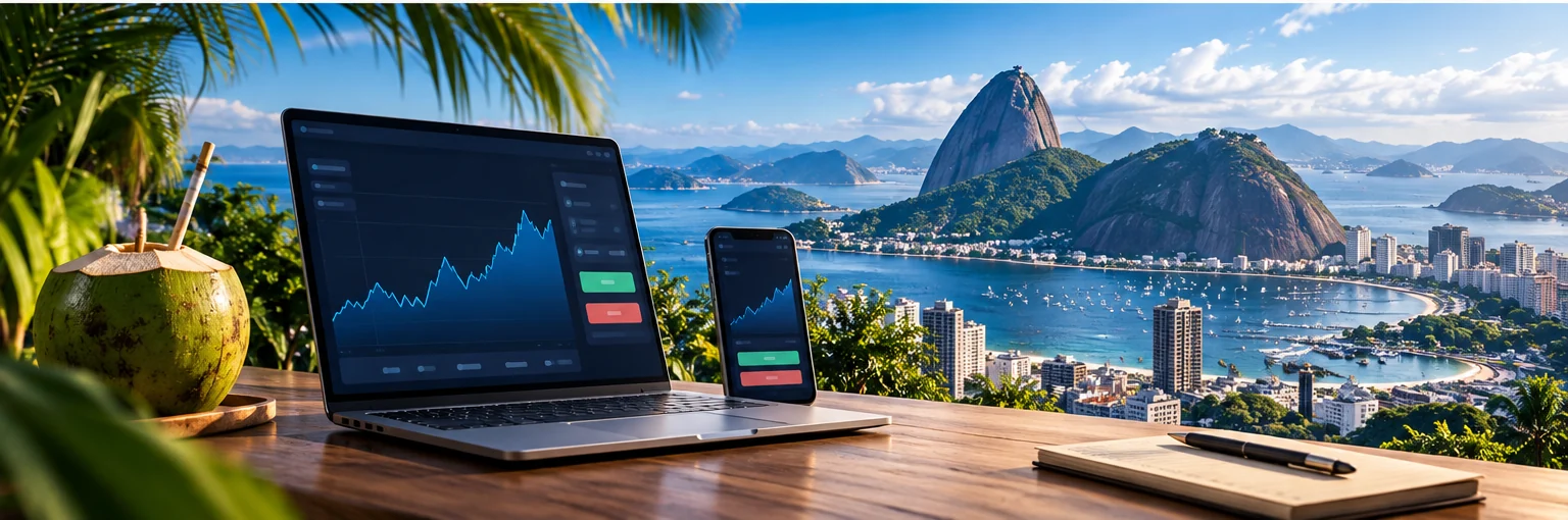 Notebook e celular com gráfico de trading em cenário brasileiro