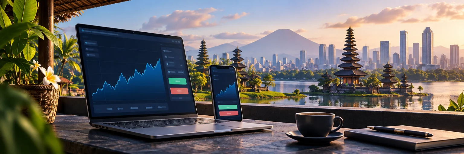Laptop dan ponsel dengan grafik trading di suasana Indonesia